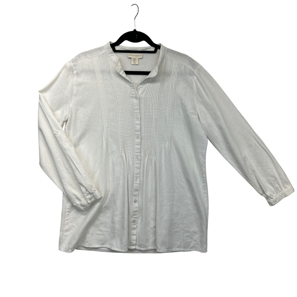 Cynthia Rowley Blouse Women L White Linen Blend Pintuck Roll Tab Sleeve Coastal
